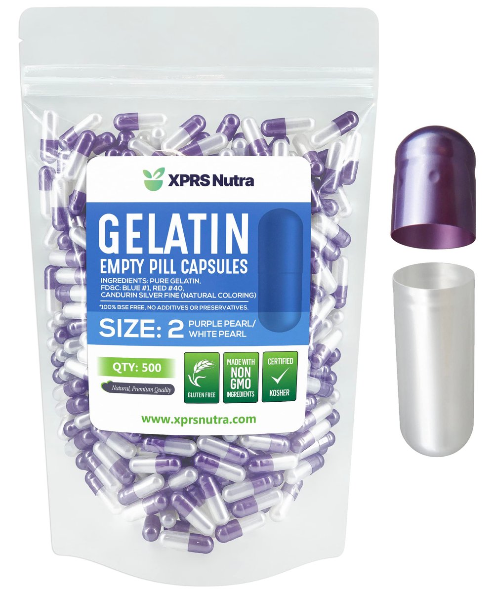 XPRS Nutra Size 2 Empty Capsules - 500 Count Empty Gelatin Capsules - Pills DIY Capsule Filling - Pure Bovine Pill Gel Caps for Do-It-Yourself Supplements (Pearl Purple/White) - görsel 1