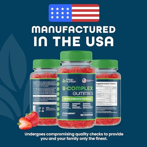 INTEGO NUTRITION Vitamin B Complex Gummies for Adults, B Complex Vitamin Supplement for Women and Men, B Vitamins Complex Gummies for Energy and Brain Health, Natural Strawberry Flavor, 180 Count - görsel 7