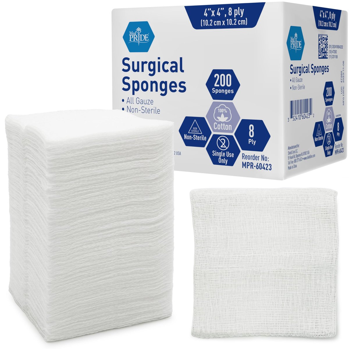 MED PRIDE Surgical Sponges 200 Pack 4'' x 4'', 8 ply - Gauze Pads Non sterile - First Aid Wound Care Dressing Sponge Woven Medical Nonstick, Non Adherent Mesh Scrubbing Bandages Disposable, Absorbent - görsel 10