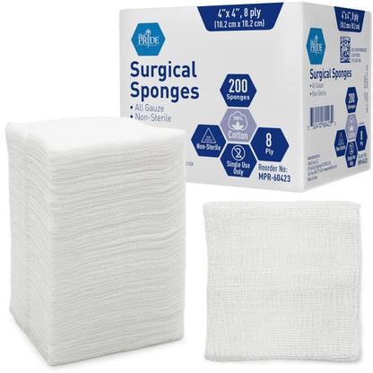 MED PRIDE Surgical Sponges 200 Pack 4'' x 4'', 8 ply - Gauze Pads Non sterile - First Aid Wound Care Dressing Sponge Woven Medical Nonstick, Non Adherent Mesh Scrubbing Bandages Disposable, Absorbent