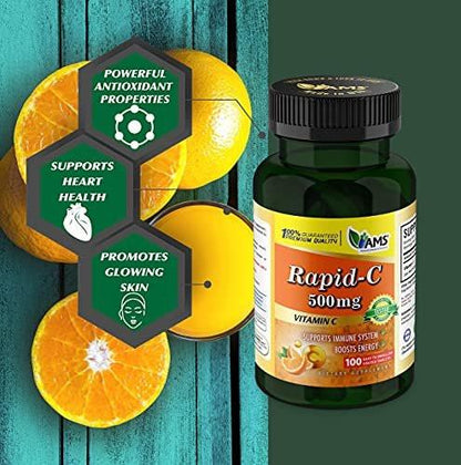 America Medic & Science Rapid-C 500mg Vitamin C Supplement (2 Pack of 100 Tablets) - Energy Booster, Daily Immune System Support, Antioxidant | Vegan, Non-GMO Coated Ascorbic Acid for Adult Men & Women