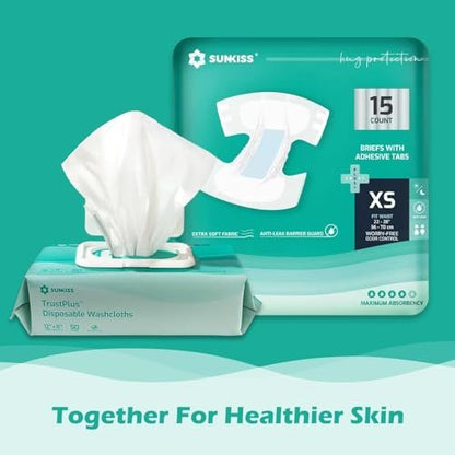 SUNKISS TrustPlus Adult Diapers with Maximum Absorbency, Unisex Disposable Incontinence Briefs with Tabs for Men and Women, Odor Control, Medium (Previously S/M), 15 Count