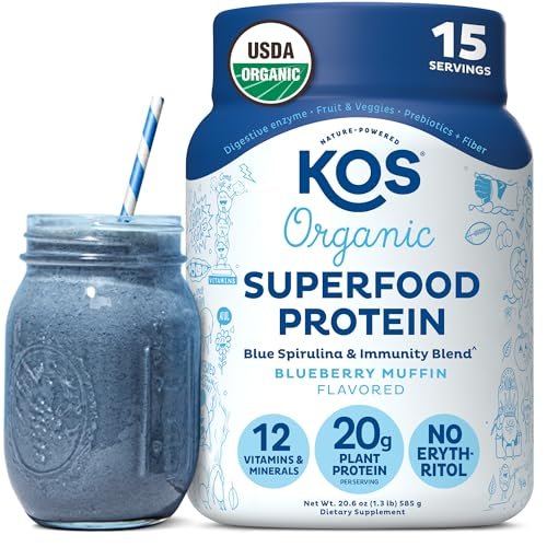 KOS Plant Based Protein Powder, Blueberry Muffin - Organic Pea Protein Superfood with Spirulina and Immune Support Blend. Soy, Gluten, Dairy Free - Vegan Meal Replacement for Women & Men - 15 Servings - görsel 7