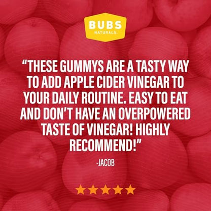 BUBS Naturals Apple Cider Vinegar Gummies with The Mother, All Natural Vegan ACV Gummy Vitamins, Supports Detox, Digestion & Energy Booster with B Vitamins, 60 Count