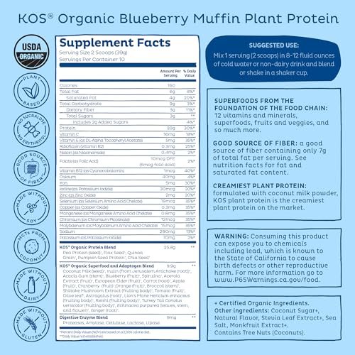KOS Plant Based Protein Powder, Blueberry Muffin - Organic Pea Protein Superfood with Spirulina and Immune Support Blend. Soy, Gluten, Dairy Free - Vegan Meal Replacement for Women & Men - 15 Servings - görsel 6