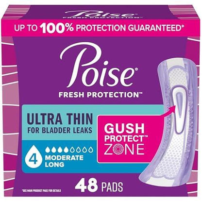 Poise Ultra Thin Incontinence & Postpartum Pads for Bladder Leaks, 4 Drop Moderate Absorbency, Long Length, 48 Count (Packaging May Vary)