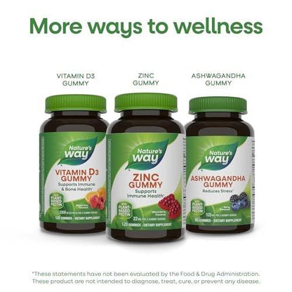 Nature's Way Zinc Gummies, Immune Support Gummy with 100% Daily Value of Zinc per 1-Gummy Serving*, Adults & Kids 9+, Gluten Free, Plant-Based Pectin, Mixed Berry Flavored, 120 Gummies
