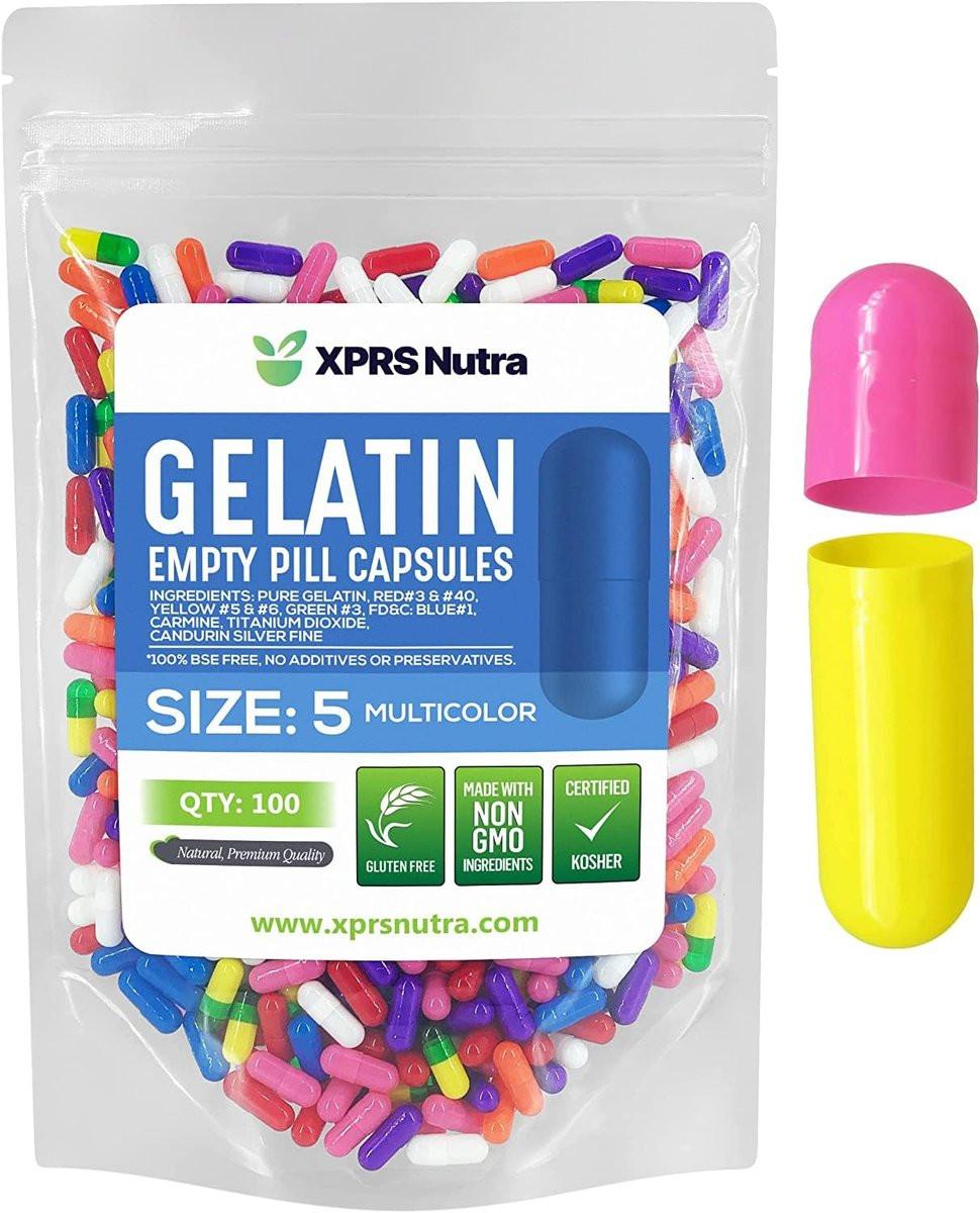 XPRS Nutra Size 5 Empty Capsules - 100 Count Very Small Empty Gelatin Capsules - Pills DIY Capsule Filling - Fillable Pill Gel Caps for Do-It-Yourself Vitamin Supplements (Multi Color) - görsel 1