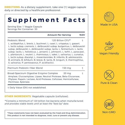 NewRhythm Probiotics 120 Billion CFU 36 Strains, 3-in-1 Probiotics with Prebiotics & Enzymes, Probioticos for Women & Men, Vegan Targeted Release Supplement, 30ct