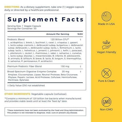NewRhythm Probiotics 120 Billion CFU 36 Strains, 3-in-1 Probiotics with Prebiotics & Enzymes, Probioticos for Women & Men, Vegan Targeted Release Supplement, 30ct