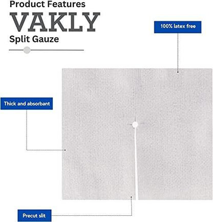 Vakly Split Gauze Drain Sponges 4" x 4" Sterile 6-Ply (100 Pack) – Pre-Cut Non-Woven Absorbent Gauze Pads for Wound Care, IV Lines & First Aid