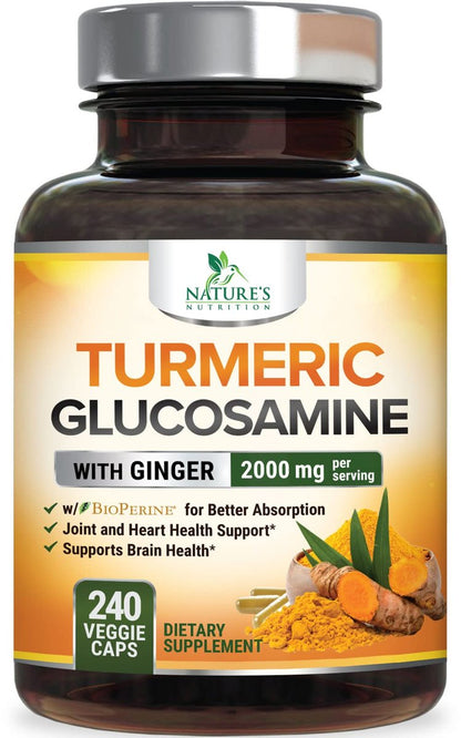 Turmeric Curcumin Supplement - 95% Curcuminoids with Glucosamine, Ginger & MSM, BioPerine Black Pepper Extract for Best Absorption, Natural Vegan Joint Support, Non-GMO, Bottled in USA - 240 Capsules