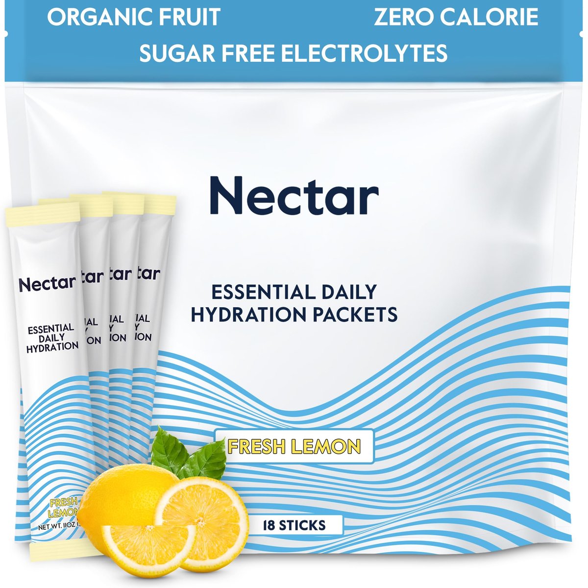 Nectar Hydration Packets - Electrolytes Powder Packets - No Sugar or Calories - Organic Fruit Liquid Daily IV Hydrate Packets for Dehydration Relief and Rapid Rehydration (Lemon 18 Pack) - görsel 1
