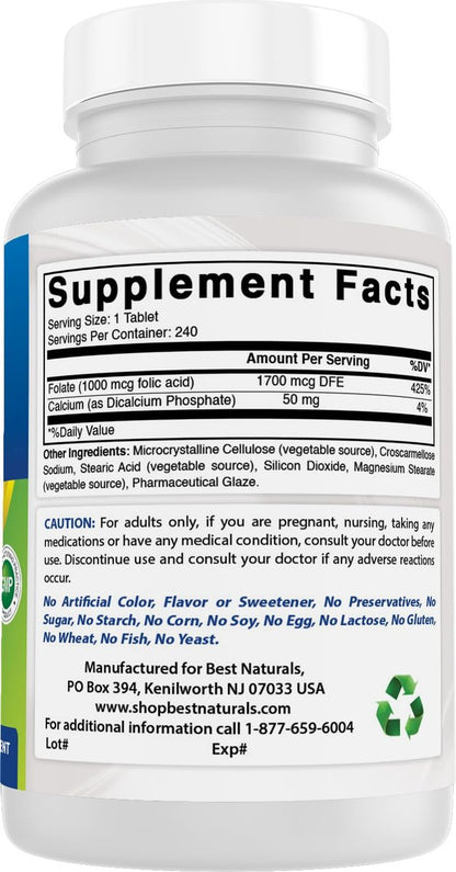 Best Naturals Folic Acid 1000 mcg (Vitamin B9), 240 Tablets
