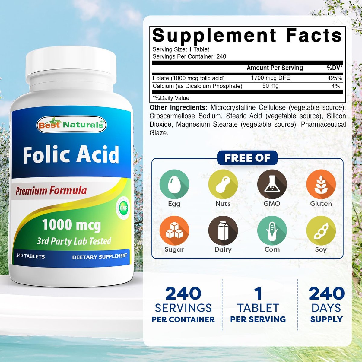 Best Naturals Folic Acid 1000 mcg (Vitamin B9), 240 Tablets - görsel 3