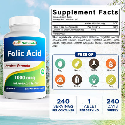 Best Naturals Folic Acid 1000 mcg (Vitamin B9), 240 Tablets