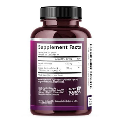 D-Mannose Supplement - 1,300mg Organic D Mannose Per Serving with Organic Cranberry Extract - Fast-Acting, Natural Urinary & Bladder Support for Women & Men – Flush & Cleanse Impurities – 60 Capsules