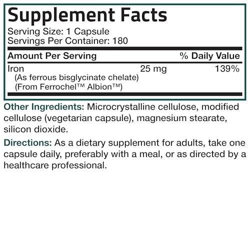 Bronson Iron Bisglycinate 25 mg Gentle on The Stomach, Supports Energy & Healthy Red Blood Cell Production - Non-Constipating Formula - Non GMO, 180 Vegetarian Capsules - görsel 12