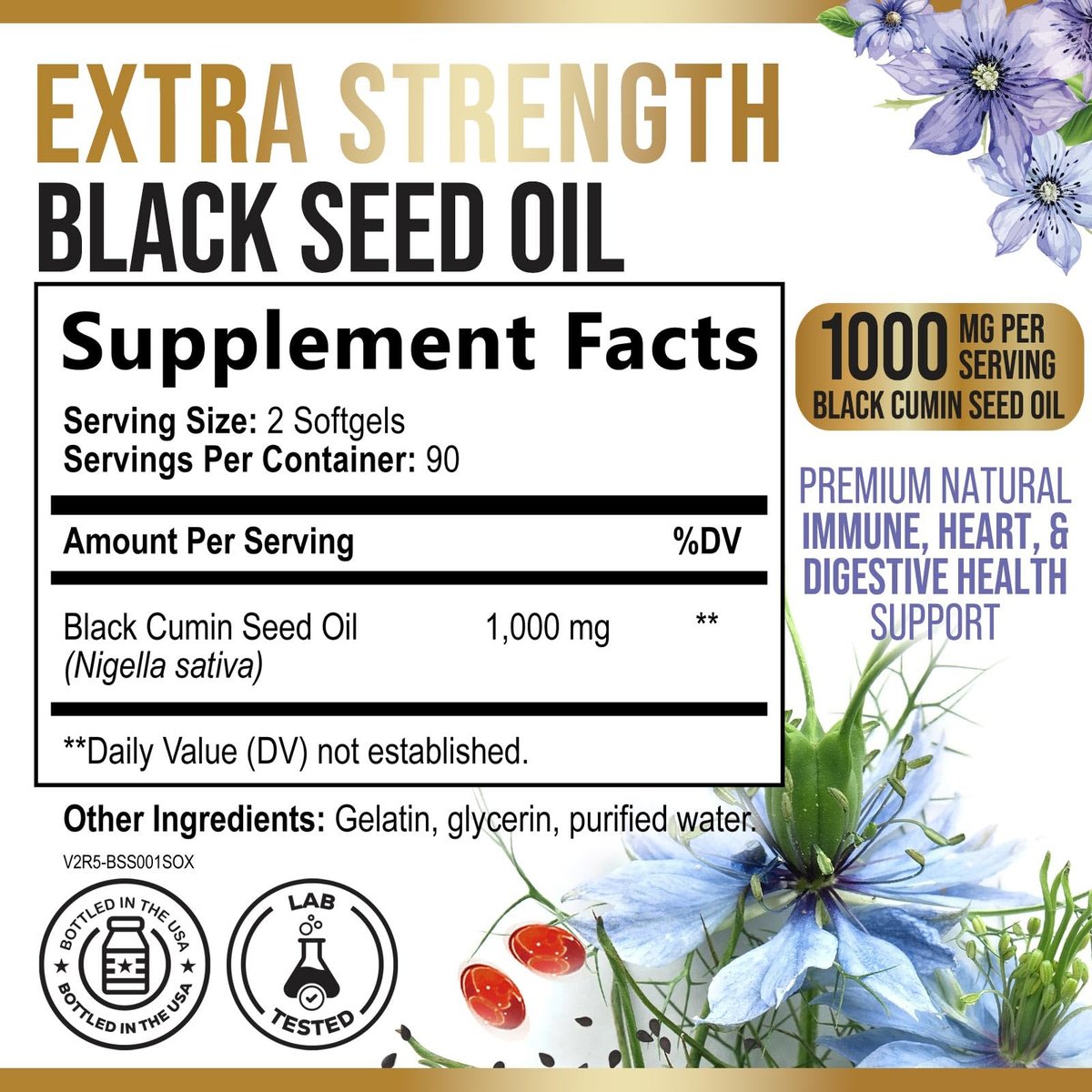 Black Cumin Seed Oil Capsules 1000mg per Serving - Premium Nigella Sativa Blackseed, Pure Natural Black Seed Oil & Antioxidant for Skin & Immune Support - Bottled in USA Supplement - 180 Softgels - görsel 3