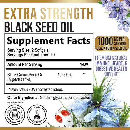 Black Cumin Seed Oil Capsules 1000mg per Serving - Premium Nigella Sativa Blackseed, Pure Natural Black Seed Oil & Antioxidant for Skin & Immune Support - Bottled in USA Supplement - 180 Softgels