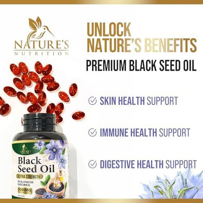 Black Cumin Seed Oil Capsules 1000mg per Serving - Premium Nigella Sativa Blackseed, Pure Natural Black Seed Oil & Antioxidant for Skin & Immune Support - Bottled in USA Supplement - 180 Softgels