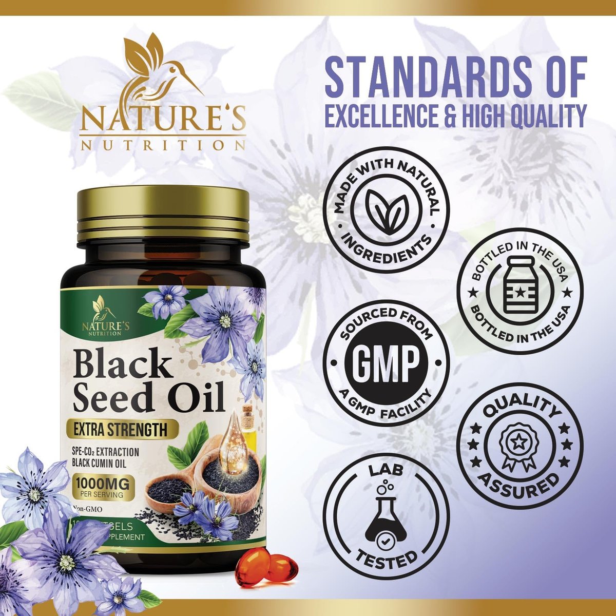 Black Cumin Seed Oil Capsules 1000mg per Serving - Premium Nigella Sativa Blackseed, Pure Natural Black Seed Oil & Antioxidant for Skin & Immune Support - Bottled in USA Supplement - 180 Softgels - görsel 7