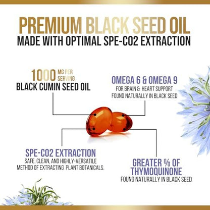 Black Cumin Seed Oil Capsules 1000mg per Serving - Premium Nigella Sativa Blackseed, Pure Natural Black Seed Oil & Antioxidant for Skin & Immune Support - Bottled in USA Supplement - 180 Softgels
