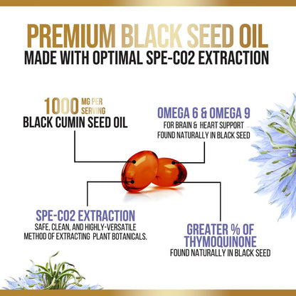 Black Cumin Seed Oil Capsules 1000mg per Serving - Premium Nigella Sativa Blackseed, Pure Natural Black Seed Oil & Antioxidant for Skin & Immune Support - Bottled in USA Supplement - 180 Softgels