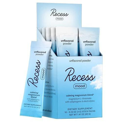 Recess Mood Powder, Magnesium L-Threonate Blend with Passion Flower, L-Theanine, Electrolytes, Magnesium Calm Support Powder Supplement - Unflavored-Pack of 10