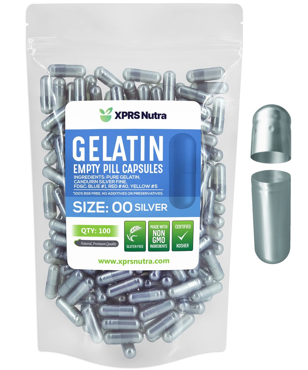 XPRS Nutra Size 00 Empty Capsules - 100 Count Empty Gelatin Capsules - Pills DIY Capsule Filling - Fillable Pill Gel Caps for DIY Supplements (Silver) - görsel 1
