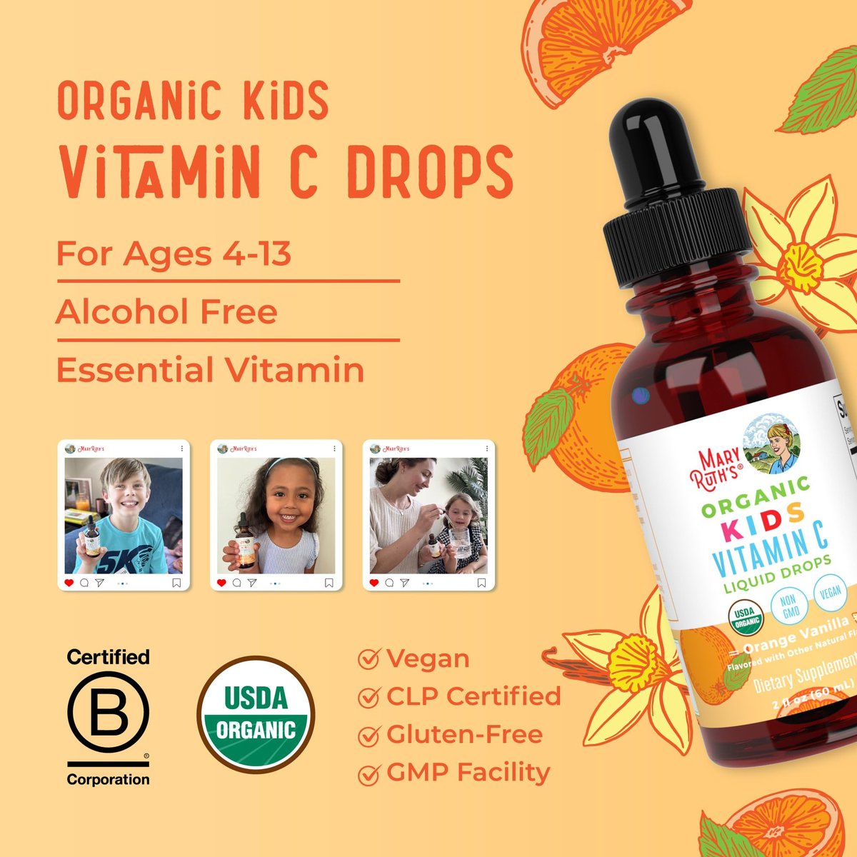 MARYRUTH'S Kids Vitamin C Drops | Vegan Immune Support Supplement for Ages 4-13 | Immune Support & Overall Health | Vitamin C from Organic Acerola Fruit Extract | 2oz - görsel 1