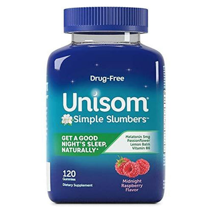 Unisom Simple Slumbers Drug-Free Sleep Aid Gummies, Melatonin 5mg, Sleep Support for Adults, Midnight Raspberry Flavor, 120 Count