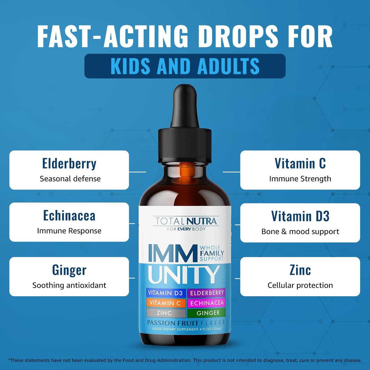 Total Immune 6-in-1 Liquid Multivitamin Supplement | 100% Daily Zinc, Vitamin D3, Vitamin C Immunity Drops | Elderberry, Echinacea, Ginger Support for Adults & Kids | 4 oz Passion Fruit - görsel 3