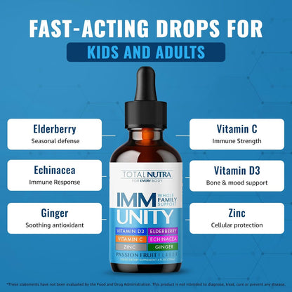 Total Immune 6-in-1 Liquid Multivitamin Supplement | 100% Daily Zinc, Vitamin D3, Vitamin C Immunity Drops | Elderberry, Echinacea, Ginger Support for Adults & Kids | 4 oz Passion Fruit
