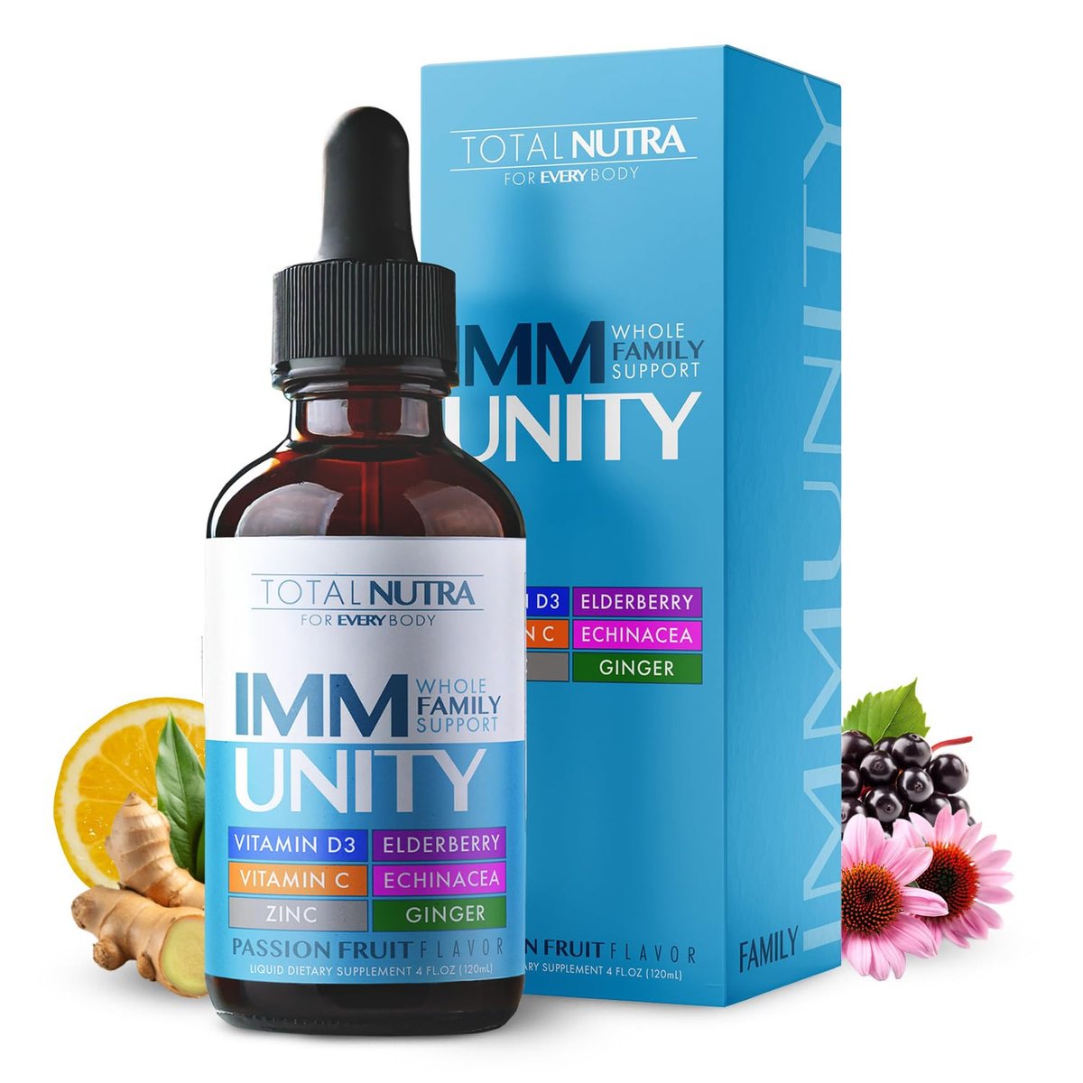 Total Immune 6-in-1 Liquid Multivitamin Supplement | 100% Daily Zinc, Vitamin D3, Vitamin C Immunity Drops | Elderberry, Echinacea, Ginger Support for Adults & Kids | 4 oz Passion Fruit - görsel 1