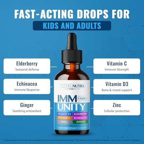 Total Immune 6-in-1 Liquid Multivitamin Supplement | 100% Daily Zinc, Vitamin D3, Vitamin C Immunity Drops | Elderberry, Echinacea, Ginger Support for Adults & Kids | 4 oz Passion Fruit - görsel 4