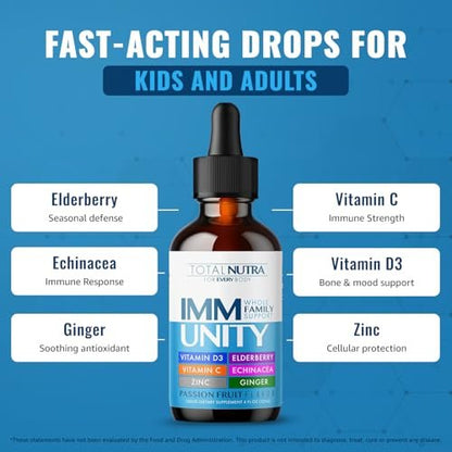 Total Immune 6-in-1 Liquid Multivitamin Supplement | 100% Daily Zinc, Vitamin D3, Vitamin C Immunity Drops | Elderberry, Echinacea, Ginger Support for Adults & Kids | 4 oz Passion Fruit
