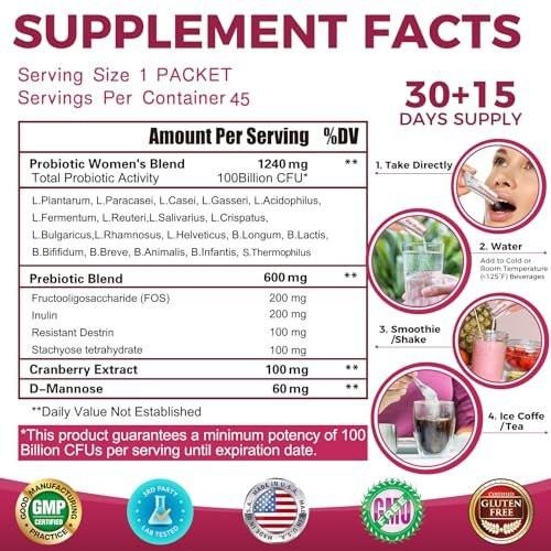ZEBORA Probiotics for Women 100 Billion CFUs with Prebiotics, D-Mannose & Cranberry for Digestive, Immune, Feminine UT Health Support, Ultimate Probiotic Women's Care, Soy & Gluten Free, 45 Packets - görsel 10
