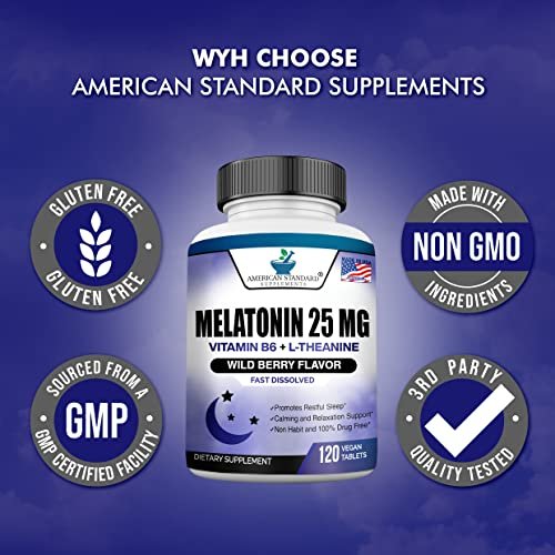 Melatonin 25mg Per One Tablet, 120 Chewable Tablet with L-Theanine & Vitamin B-6, Supports Healthy Sleep Cycle, Promotes Calming & Restful Sleep, Vegan, NON GMO, Made In USA - görsel 7