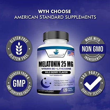 Melatonin 25mg Per One Tablet, 120 Chewable Tablet with L-Theanine & Vitamin B-6, Supports Healthy Sleep Cycle, Promotes Calming & Restful Sleep, Vegan, NON GMO, Made In USA