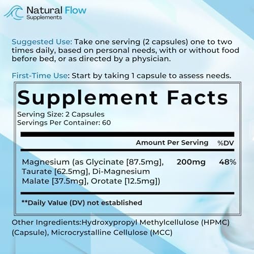 Natural Flow 4X Magnesium Complex Supplement — 200mg Elemental Mg — Glycinate, Taurate, Malate & Orotate — Calm, Sleep & Muscle Support — No Oxide, No Citrate — 120 Capsules, 60 Days - görsel 12