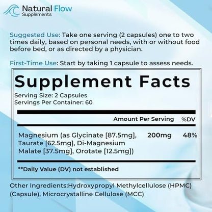 Natural Flow 4X Magnesium Complex Supplement — 200mg Elemental Mg — Glycinate, Taurate, Malate & Orotate — Calm, Sleep & Muscle Support — No Oxide, No Citrate — 120 Capsules, 60 Days