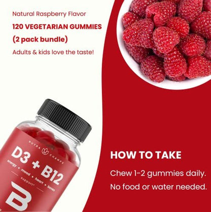 NutraChamps Vitamin D3 & B12, Methyl B12 Gummies for Adults & Kids, Enhanced with Vitamin D3 & B9 Folate, Natural Energy, Mood, Metabolism & Focus, Raspberry, 120 Gummies (Pack of 2)