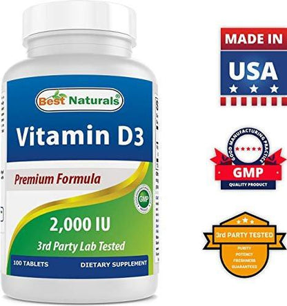 Best Naturals Vitamin D3 2000 IU (50 mcg) - 100 Tablets - 100 Days Supply - Supports Immune Health, Strong Bones & Muscles