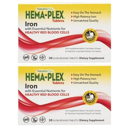 NaturesPlus Hema-Plex Iron - 30 Slow-Release Tablets, Pack of 2 - Total Blood Health - 85 mg Chelated Iron - with Vitamin C & Bioflavonoids - Non GMO, Vegetarian & Gluten Free - 60 Total Servings