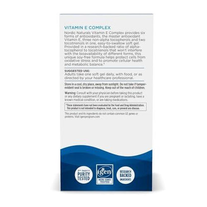 Nordic Naturals Vitamin E Complex, Unflavored - 30 Soft Gels - 6 Forms of Vitamin E for Antioxidant Support - Cellular Protection - Non-GMO - 30 Servings