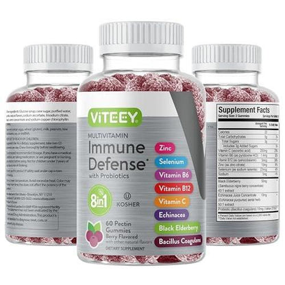 Viteey Multivitamin Gummies 8 in 1 Immune Support Supplement with Probiotics - Immune Boosters for Adults & Teens - Vegan, Gelatin Free, GMO Free - Chewable Berry Flavored Pectin Immune Defense