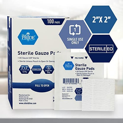 MED PRIDE Sterile Nonstick Gauze Dressing Pads, 12-Ply Cotton, Highly Absorbent, Individually Wrapped for Wound Care and First Aid (2x2 Inch (Pack of 100))