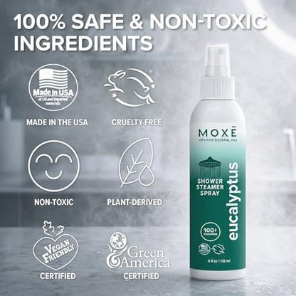 MOXĒ Eucalyptus Oil Shower Mist, Spa Steam Spray, Certified Natural 100% Essential Oils, Made in USA, Aromatherapy, Sinus Congestion Relief, Tension Relief, 4 Ounces