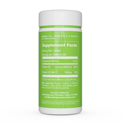 UpNourish Liposomal D3 K2 MK-7 – 365 Mini softgels with Organic Coconut Oil - 5000 IU 125 mcg Vitamin D3 and 100 mcg Vitamin k2 for Optimal Bone and Immune Health